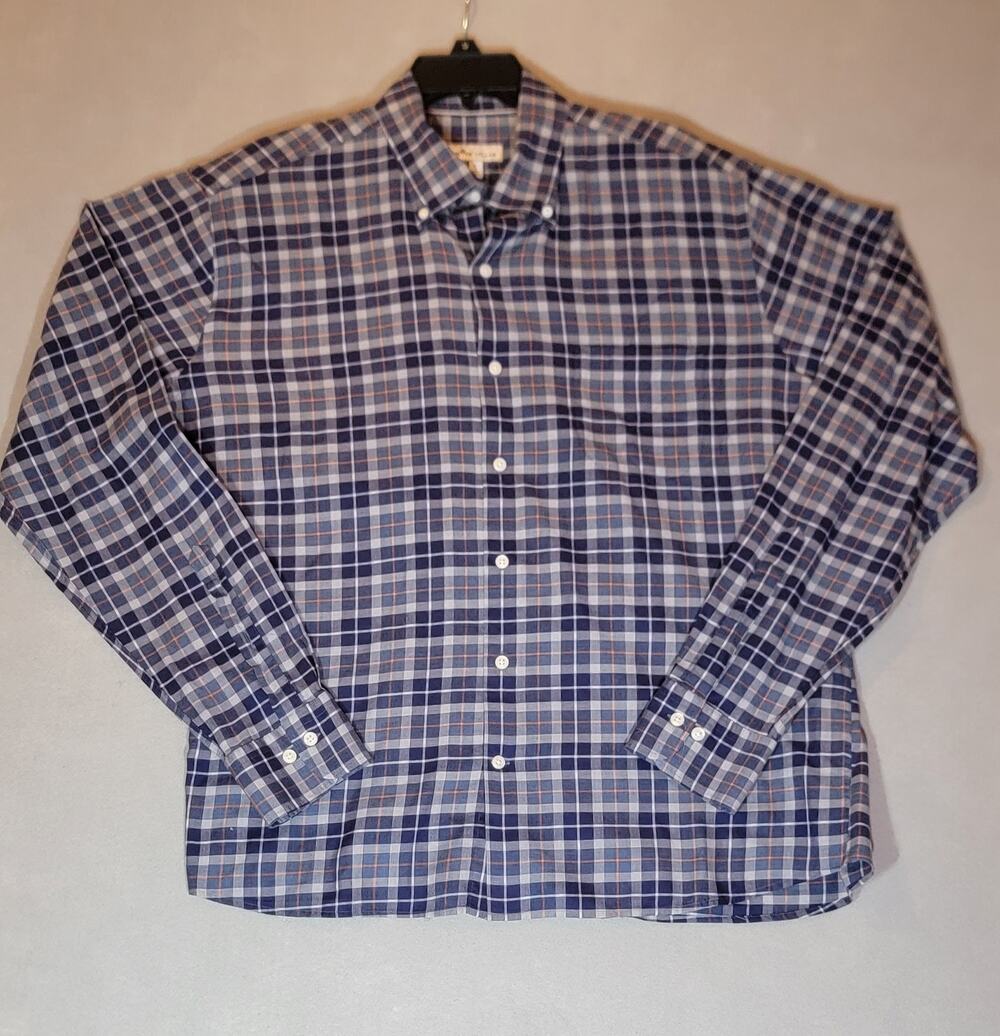 Peter Millar Plaid Button Down Shirt Large Blue Khaki Orange Classic Fit Cotton